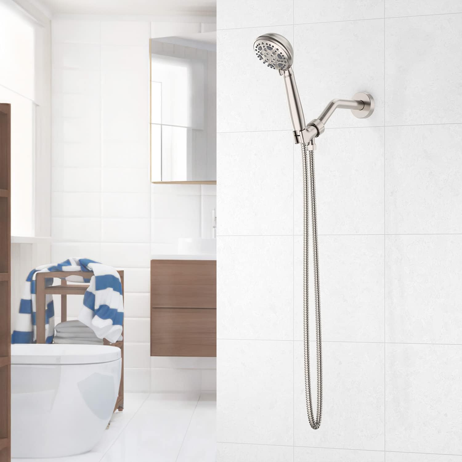 High Pressure Shower Head, Astomi 6 Settings Handheld Shower Head with Hose and Adjustable Bracket, Brushed Nickel