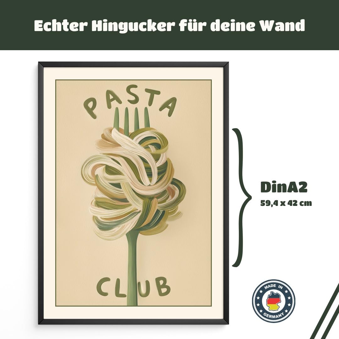 MJ-GRAPHICS® Kunstdruck Pasta Club Wandbild Illustration Fork minimalistisch warm Beige Küche Deko Poster Kunst Esszimmer Bilder Wanddeko Grafik Design A2 mit beigem Rahmen