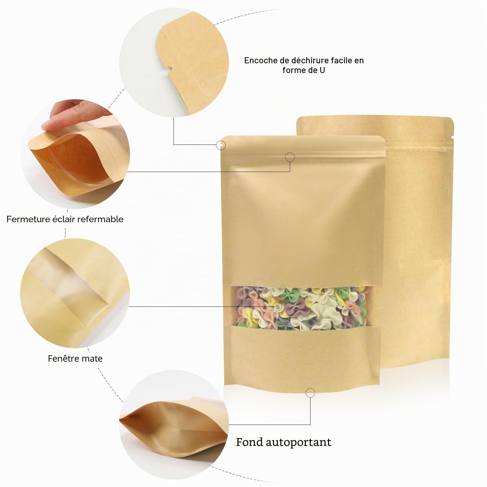 SumDirect 50Pcs 18x26cm Sac Papier Kraft Zip Fermeture à Glissière Éclair Stand Up Sachet Plastique Alimentaire Grand Pochettes Avec Cran et Matte Fenêtre