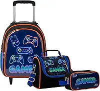 Kit Mochila de Rodinha Escolar Gamer Infantil Masculino + Lancheira Transversal + Estojo Duplo Menino