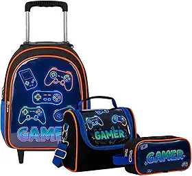 Kit Mochila de Rodinha Escolar Gamer Infantil Masculino + Lancheira Transversal + Estojo Duplo Menino