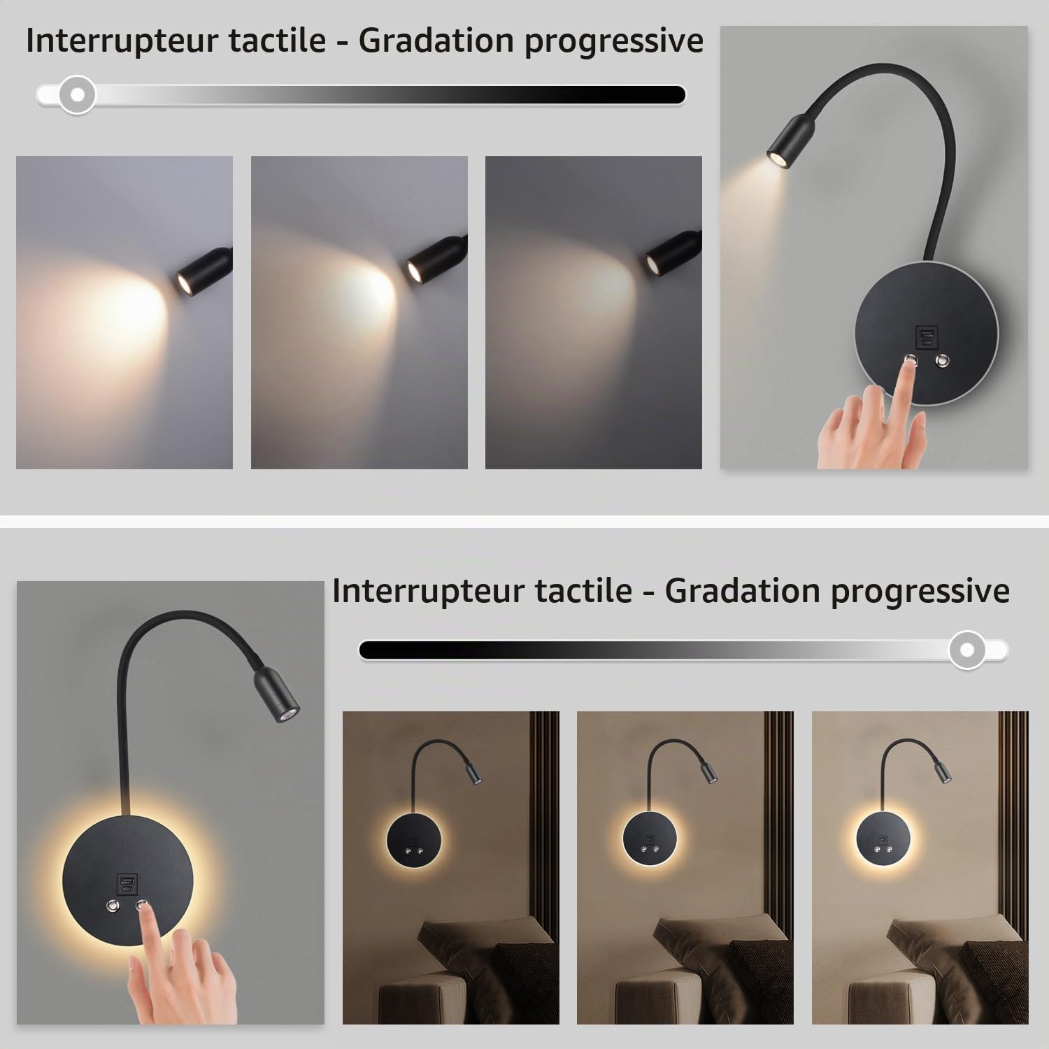 3W+6W LED Liseuse murale, Lampe De Chevet applique liseuse 3000k avec interrupteur tactile à variateur et recharge USB, Cygne Flexible applique lampe Chambre pour la chambre à coucher, Noir