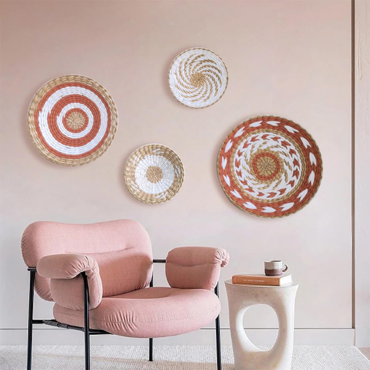 Decoración de Pared Redonda Bohemia Hecha a Mano en Paja Trenzada, Juego de 4 Piezas para Dormitorios y Celebraciones Obsequios, Resistente al Desvanecimiento