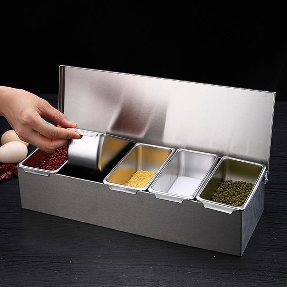TOP-MAX Dispenser per Condimenti, Vassoio con 3 Scomparti in Acciaio Inox con Coperchio per la Conservazione delle Spezie da Cucina