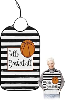 BOBOWUNY Hello Basketball Adult Bibs for Elder Women Men Eating, Watercolor Black and White Striped Waterproof & Washable Bibs for Eating Clothing Protector Dining Bibs for Crumb Catcher