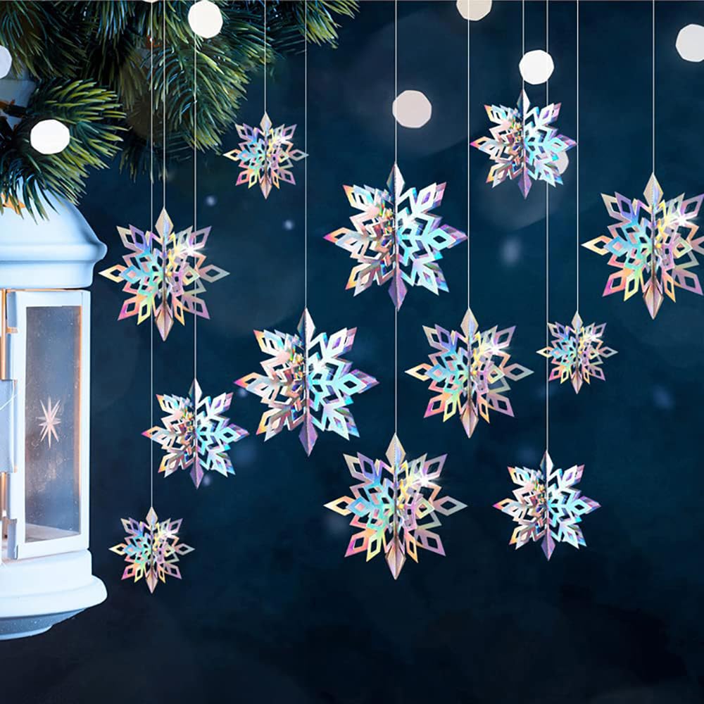 Lot De 3 Décorations Irisées à Suspendre – Flocons De Neige Et étoiles 30-40 Cm – Effet Arc-en-ciel, 3D – Pour Noël, Mariage, Fête - 10