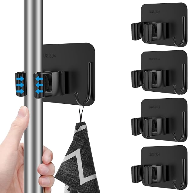 Hoewot 4 Pcs Mop Broom Holder, Stainless Steel No Drill Mop Holder Wall Mounted with Hooks Hanger, Mop Broom Organizer for Bathroom, Office, Kitchen, Closet, Garage(Black) (Hoewot-01)