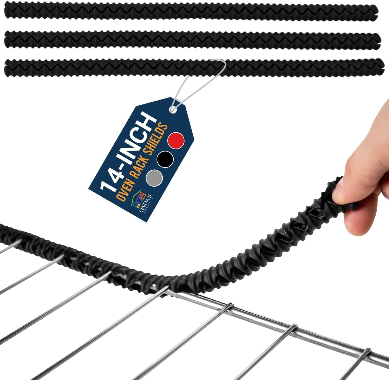 Linda's Essentials Silicone Oven Rack Shields by (3 Pack) | Heat Resistance Silicone Oven Rack Protectors Guards Against Burns and Scars | 14 Inches Long (Black)