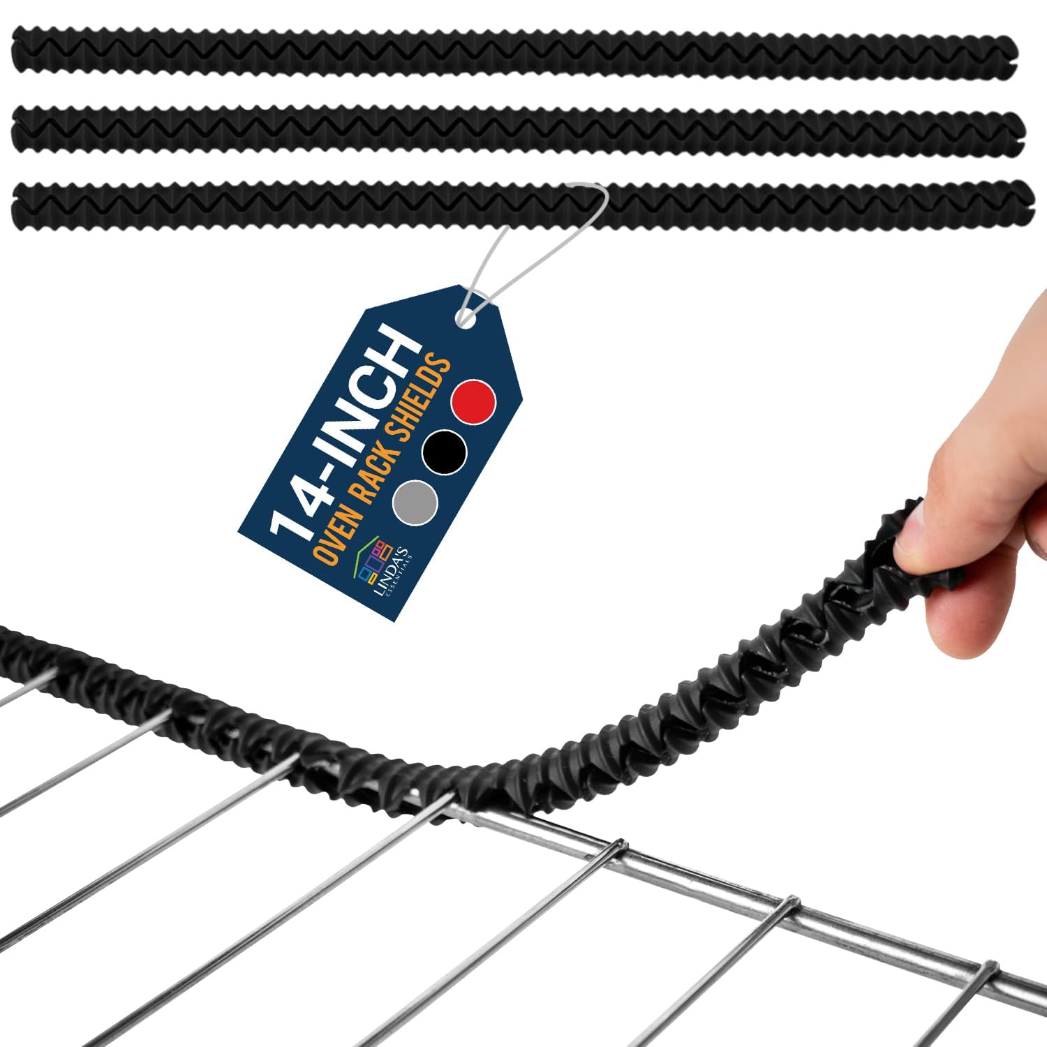 Linda's Essentials Silicone Oven Rack Shields by (3 Pack) | Heat Resistance Silicone Oven Rack Protectors Guards Against Burns and Scars | 14 Inches Long (Black)