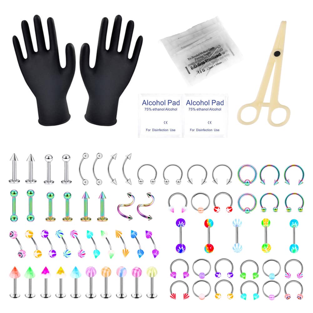 78PCS Body Piercing Kits Stainless Steel Acrylic 14G 16G Labret Lip Cartilage Daith Belly Button Rings Tongue Nose Septum Piercing Jewelry Needles Clamps Tools