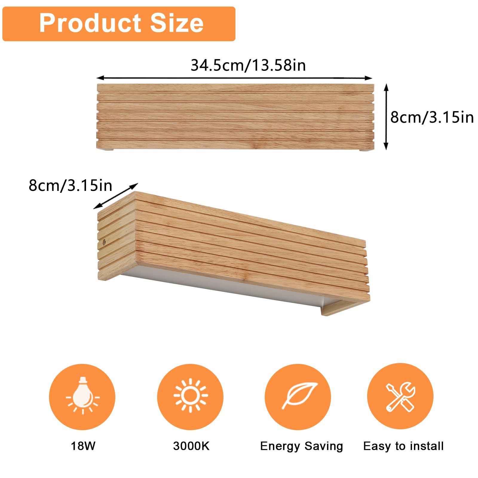 Comely Applique Murale Intérieure Bois, 18W Moderne Lampe Murale LED 3000K Blanc Chaud, Luminaire Mural Interieur pour Chambre Salon Couloir Escalier