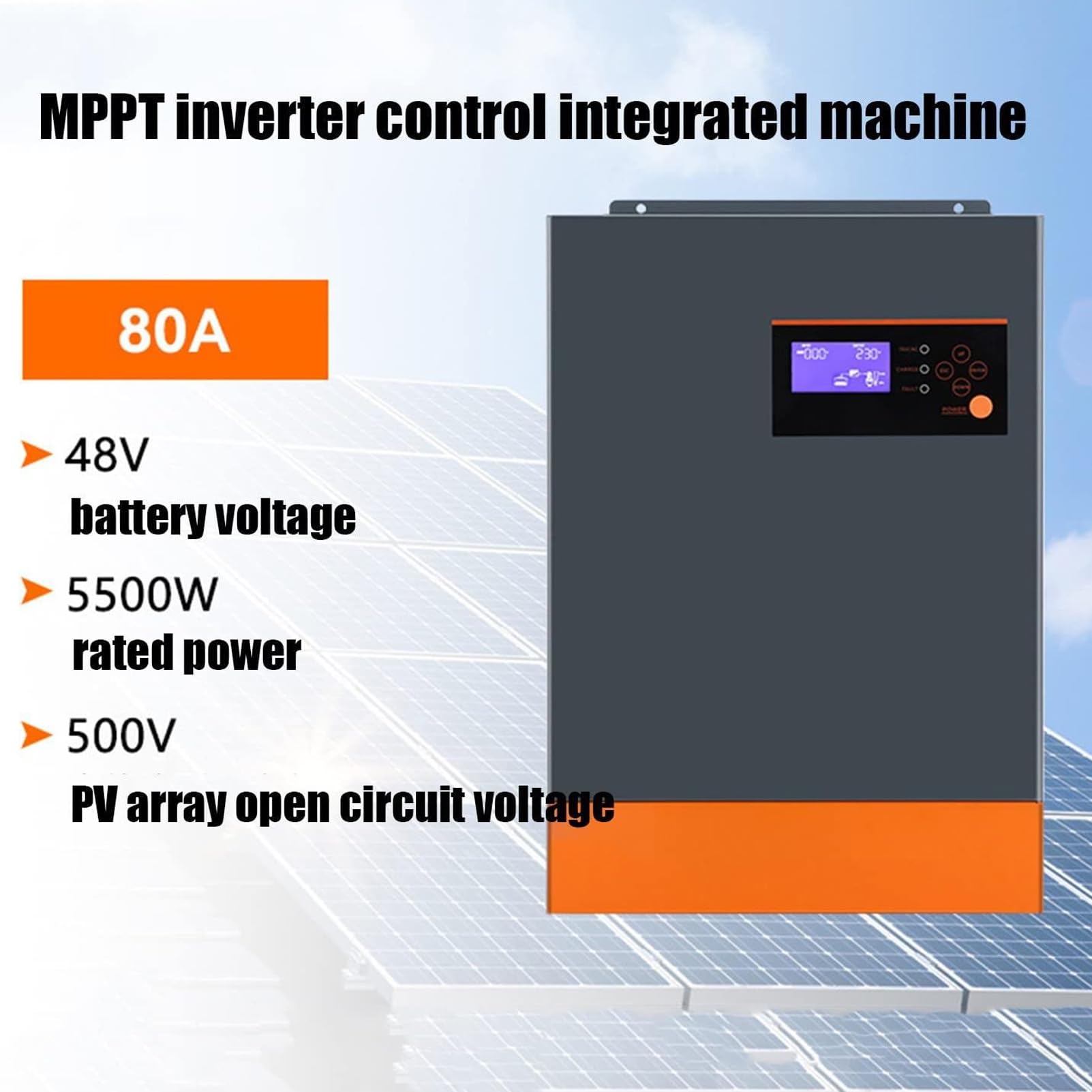 Hybrydowy inwerter solarny o mocy 5500 W, inwerter czystej fali sinusoidalnej, 3-fazowy inwerter solarny, kontroler słoneczny 100 A, 220 V AC 48 V z funkcją równoległą z Wi-Fi Obsługuje 9 falowników