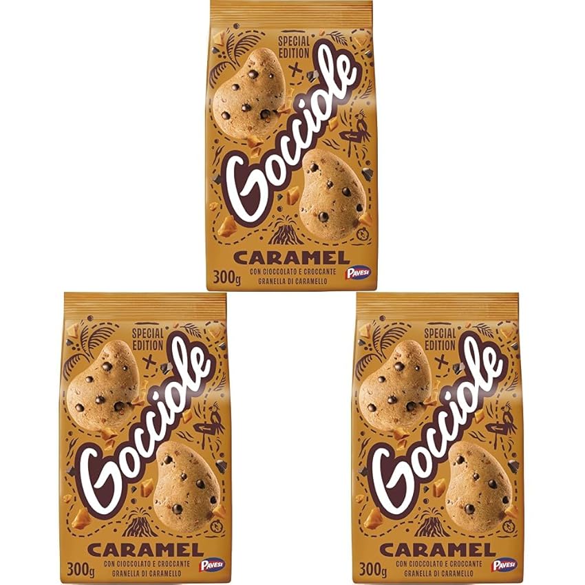 Pavesi Biscotti Frollini Gocciole Caramel, Biscotti da Colazione con Granella di Caramello e Gocce di Cioccolato Fondente, Senza Olio di Palma, 300 g (Confezione da 3)