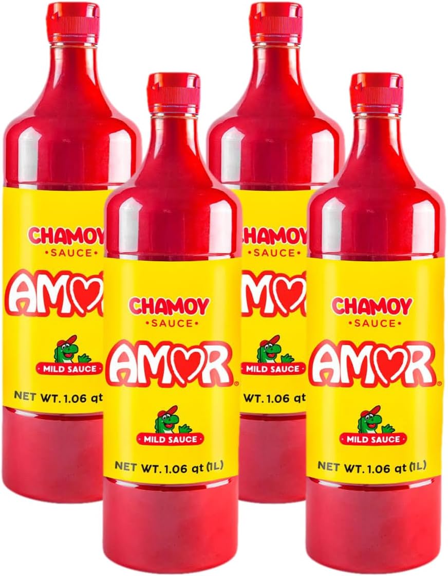 Amor Chamoy Sauce | Bittersweet flavor | 2,500 Scoville level Enjoy it with fruits, veggies, snacks, and drinks | Kosher | 33 fl oz bottle (Pack of 4)