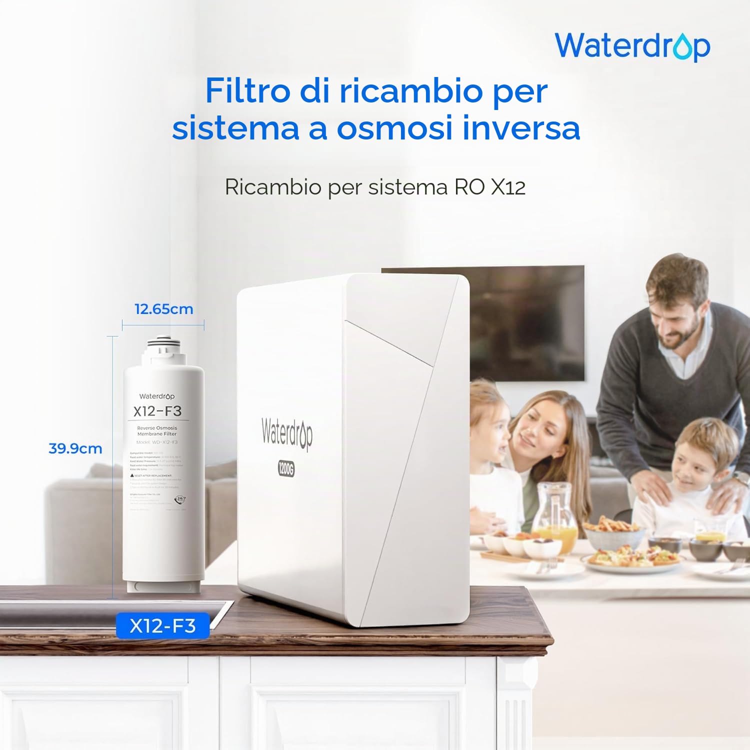 Waterdrop WD-X12-F3 Filtro di Ricambio per X12-Basic e WD-X12-Alkaline 1200 GPD Sistema a Osmosi Inversa, Durata 24 mesi, Riduce i PFAS