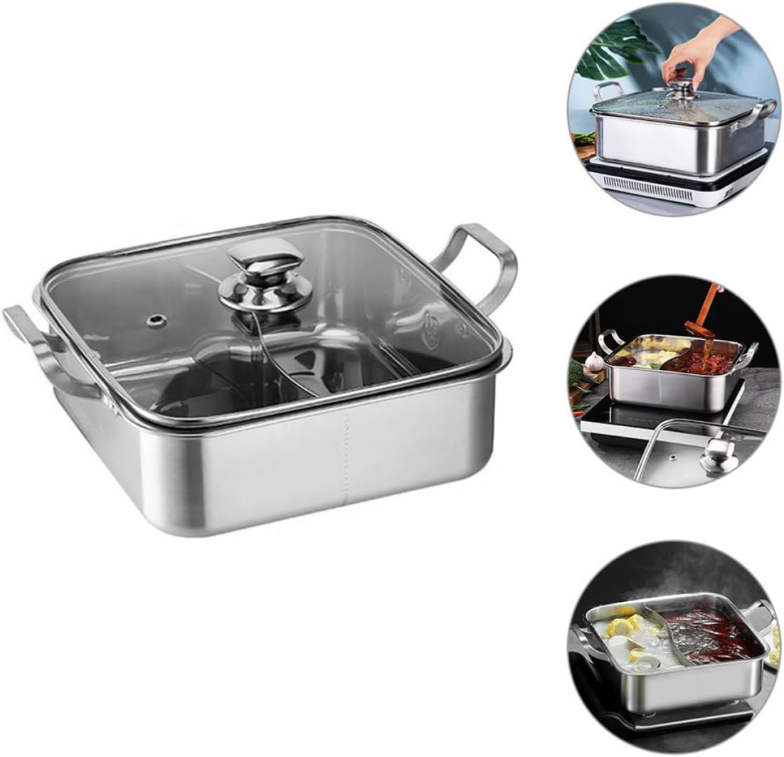 Divided Stainless Steel Hot Pot with Lid Double Handle