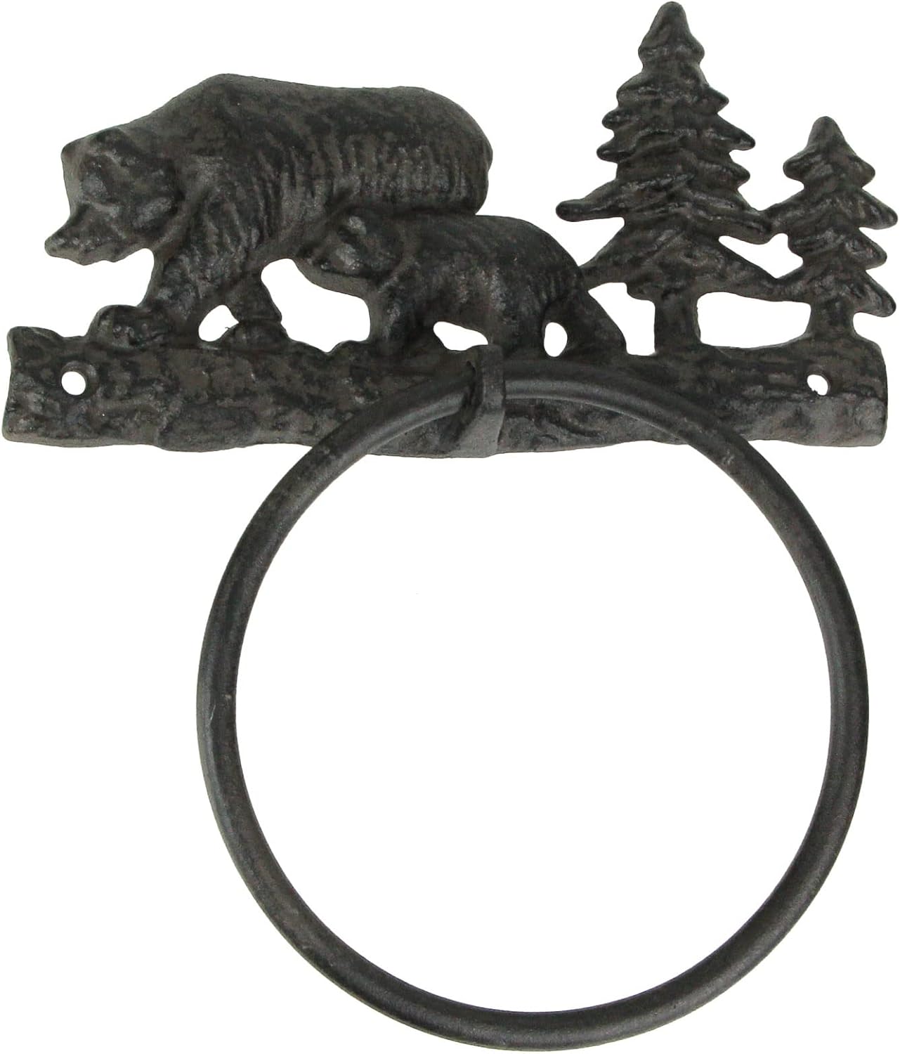Rustic Cast Iron Black Bear Mother and Cub Towel Ring, One Size