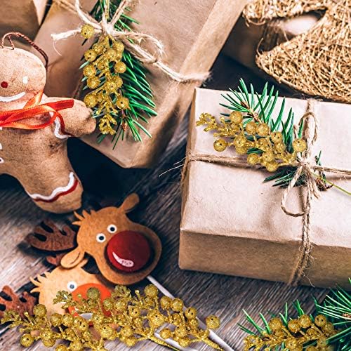 Whaline 12Pcs Christmas Glitter Berries Stems 8.3 Inch Artificial Fruit Berry Picks Holly Berry Twig for Xmas Tree Ornament DIY Craft Christmas Wreath Garland Winter Holiday Decoration, Gold