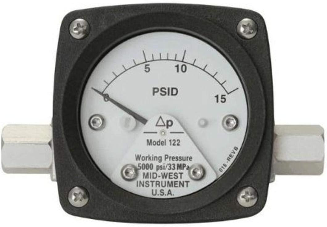Mid-West Instrument 122-AA-00-OO-20P Piston Type 2.5" Differential Pressure Gauge, 20 psi, Al