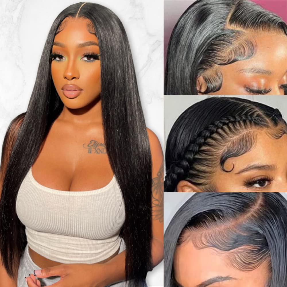 Straight Lace Front Wigs Human Hair Pre Plucked 13x4 HD Lace Frontal Wigs Human Hair With Baby Hair Bleached Knots Virgin Glueless Human Hair Wigs for Black Women 180% Density Natural Color 26 Inch