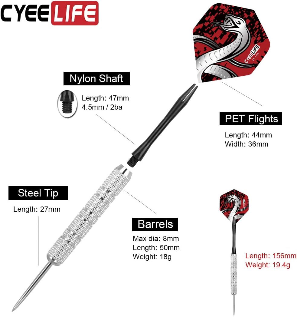 CyeeLife Steel tip Darts 20g,Nylon Shafts+36 Flights(12 Designs)+Sharpener,for 4 Beginners