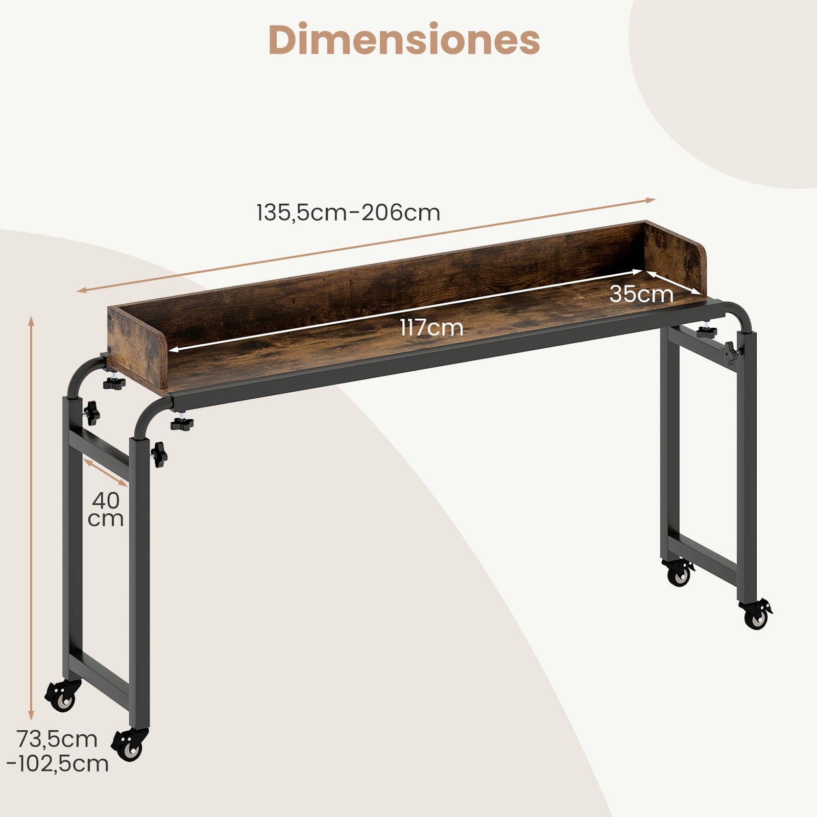 GIANTEX Mesa de Sobrecama con 4 Ruedas, Escritorio Auxiliar con Altura y Ancho Ajustables, Tablero con Borde Anticaído, Estilo Industrial, Mesa Bandeja para Dormitorio, Salón