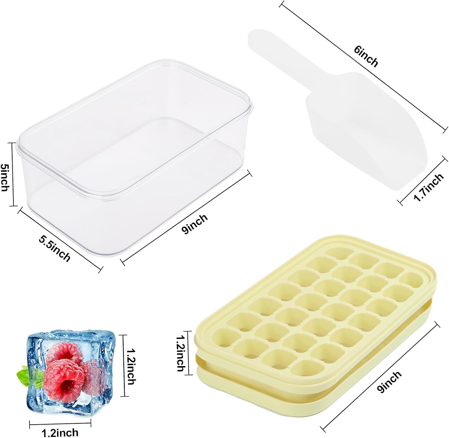 Ice Cube Tray with Lid and Bin and Ice Scoop, 2 Trays for 56 Ice Cubes, BPA Free, Easy Release, Stackable, Spill-Resistant, Cream Yellow