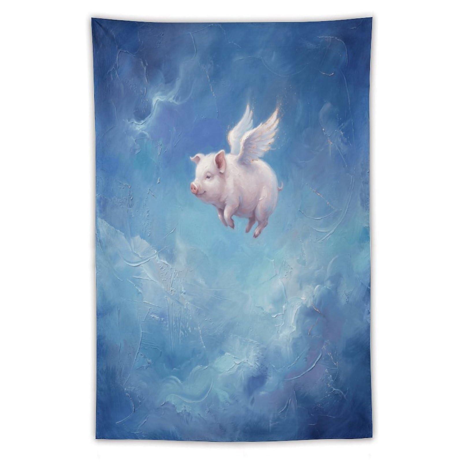 H3B8U2Y5 Flying Pig Blue Sky Wall Tapestry, Naive Art, Surreal Farm Animal