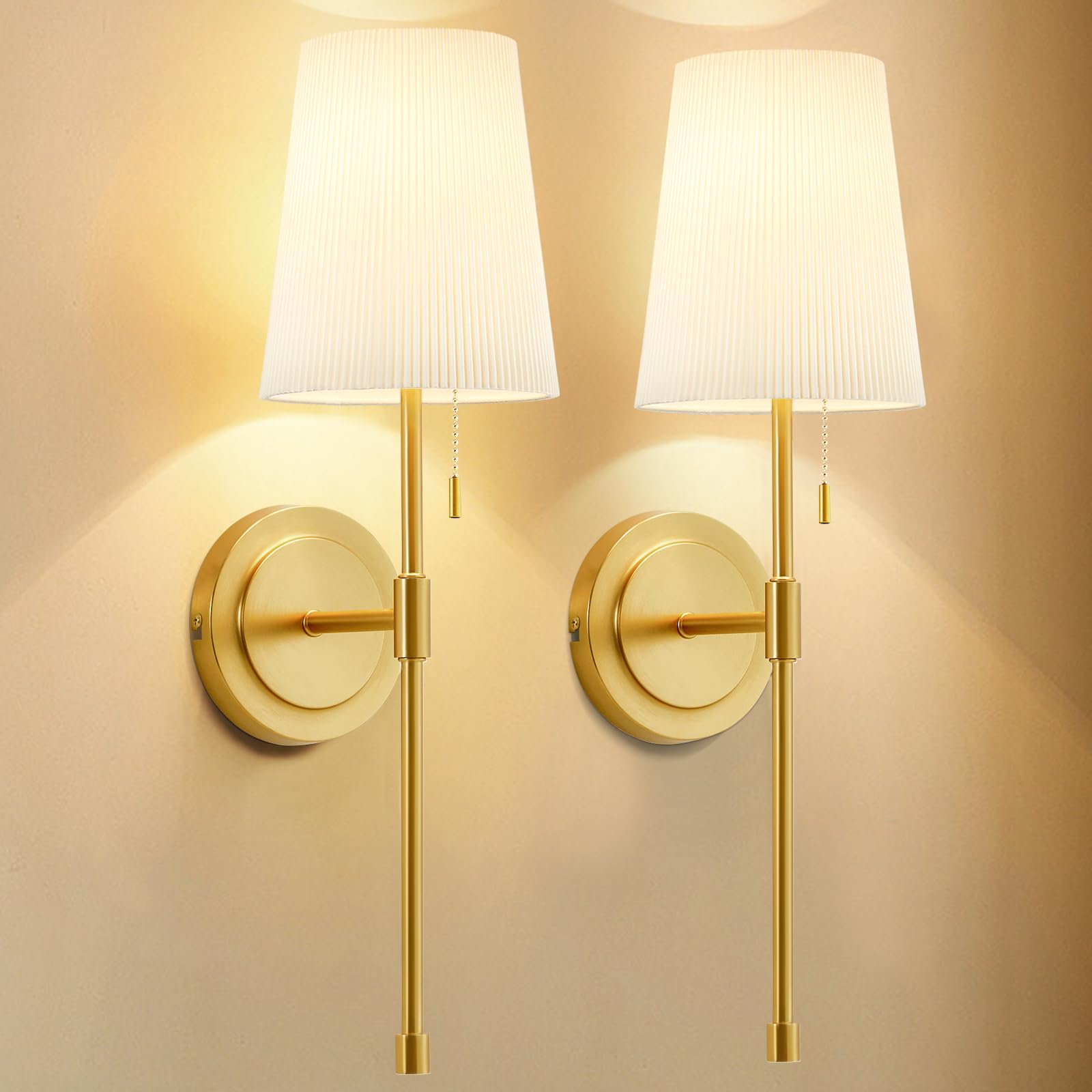 Apliques de Pared Set de 2, Apliques Empotrados con Cadena, Estilo Retro Industrial con Pantalla de Tela Blanca, Iluminación para Baño, Dormitorio, Sala y Pasillo