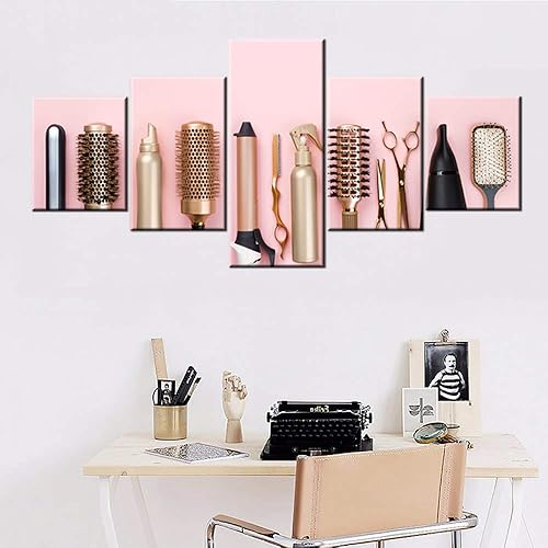 Decoración de pared de barbería, herramientas de corte de pelo dorado, pintura para sala de estar, imágenes de salón de belleza, 5 paneles de