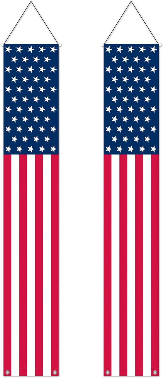 Beistle Stars & Stripes Door Panel Set – 2 Pack, Fabric American Flag Hanging Décor with Dowel Rods & Grommets, Indoor/Outdoor Patriotic Red, White & Blue Décor, 4th of July & Memorial Day, 6' x 12¾"