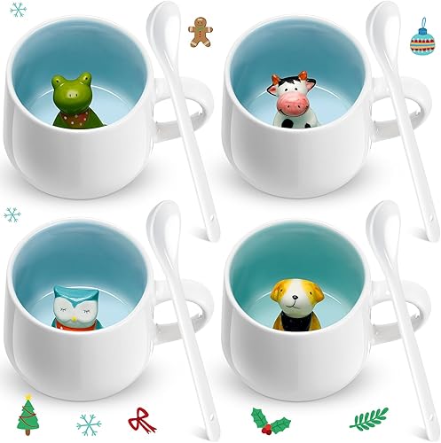 Uiifan Juego de 4 tazas de café con cuchara de cerámica 3D, regalos de regreso a clases de profesores para niños, amigos, lindos animales de dibujos