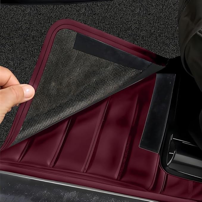 Image of Premium 12D Car Foot Mat for Range Rover Evoque (2017-2021) | Luxury Leather | Double Layered | Waterproof and Washable | Custom Fit | Detachable Grass Mat | Cherry with Black
