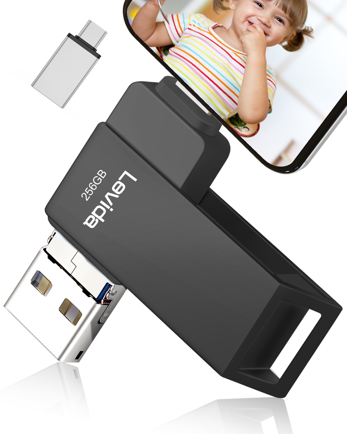Chiavetta USB 256gb per Phone,Levida Pen Drive Penna USB 3.0 Pendrive 4 in 1 Photostick Chiave USB Type C con iOS,Android,Tipo C Porta/Smartphone, Computer, Laptop, PC,Nero