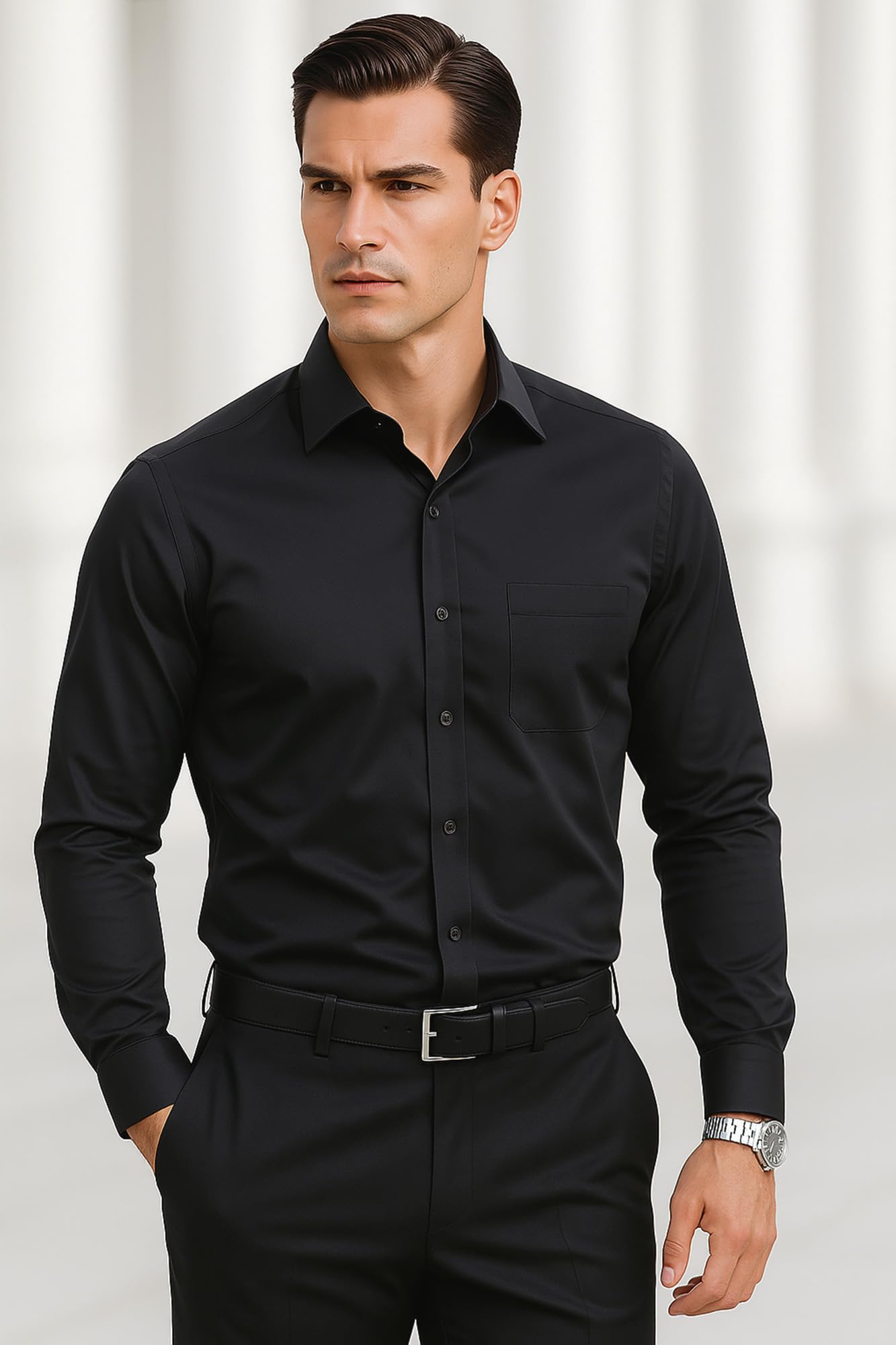 KOSMEEU Camicia Uomo Manica Lunga Shirts Collo Coreana Slim Fit Camicie Tradizionale Bianca Nero per Tempo Libero Facile da Lavare e Stirare Camice Uomo con Tasca