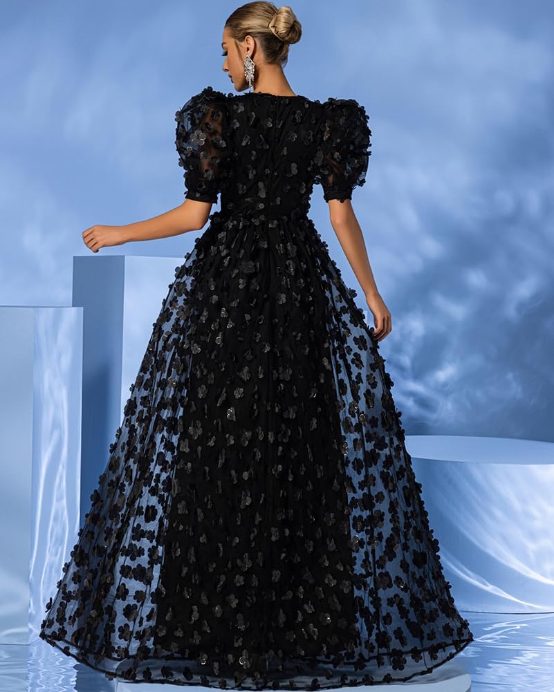 Women's Floral Tulle A Line Puffy Sleeve Prom Dresses Elegant V Neck Formal Evening Party Gowns