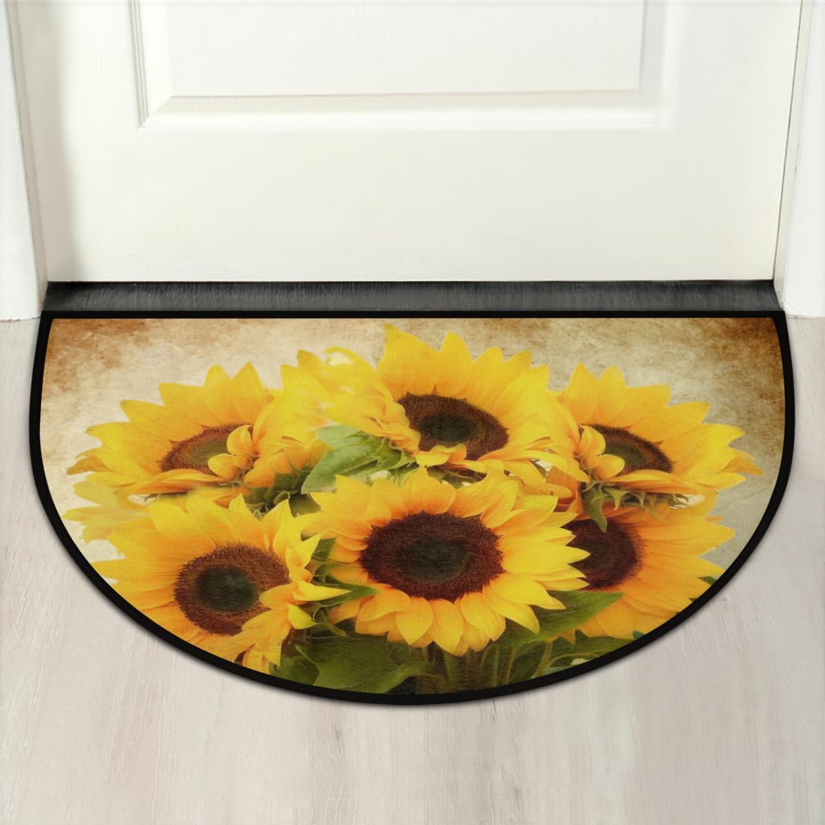 Half Round Door Mat Sunflower Summer Non-Slip Absorbent Welcome Doormats Washable Half Circle Area Rug for Home Indoor Entrance High Traffic Areas, 24" x 36"