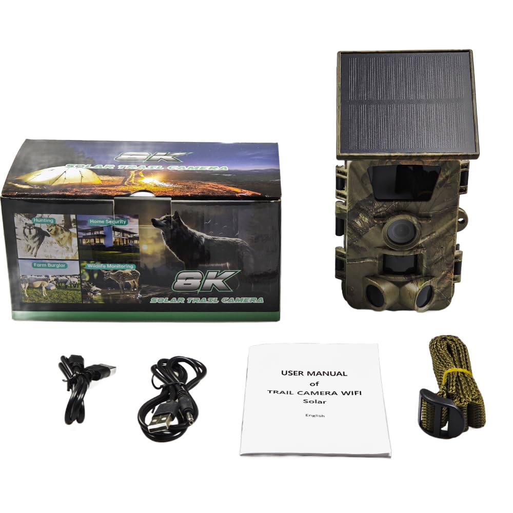 Solar Wildkamera 5K HD 60MP mit Nachtsicht & WLAN-App, 5200mAh Akku + Solar, 0.2s Auslöser, 120° IP67 Wasserdicht, Bewegungsmelder für Outdoor-Tierüberwachung
