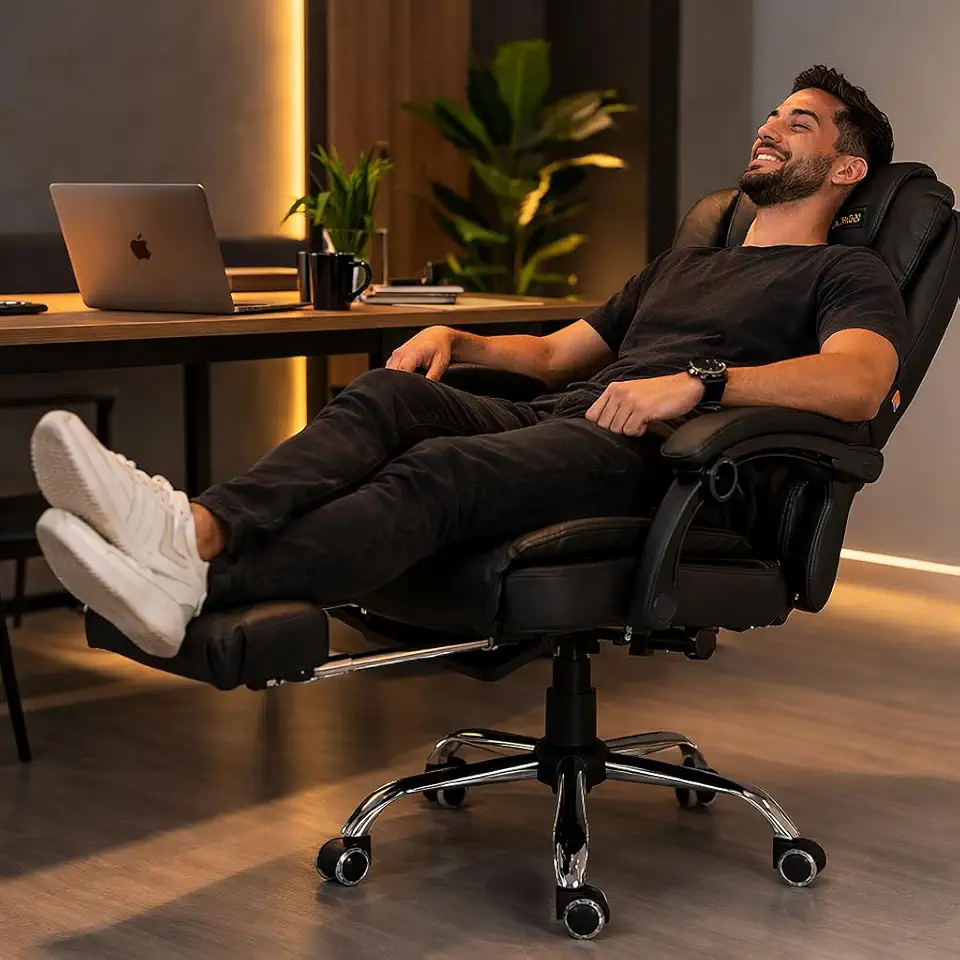 Cadeira de Escritório Executiva Presidente, Cadeira Home Office com Encosto Ajustável Ergonômica Reclinável Confortável Estilosa com Apoio para os Pés – Preta (Preta)