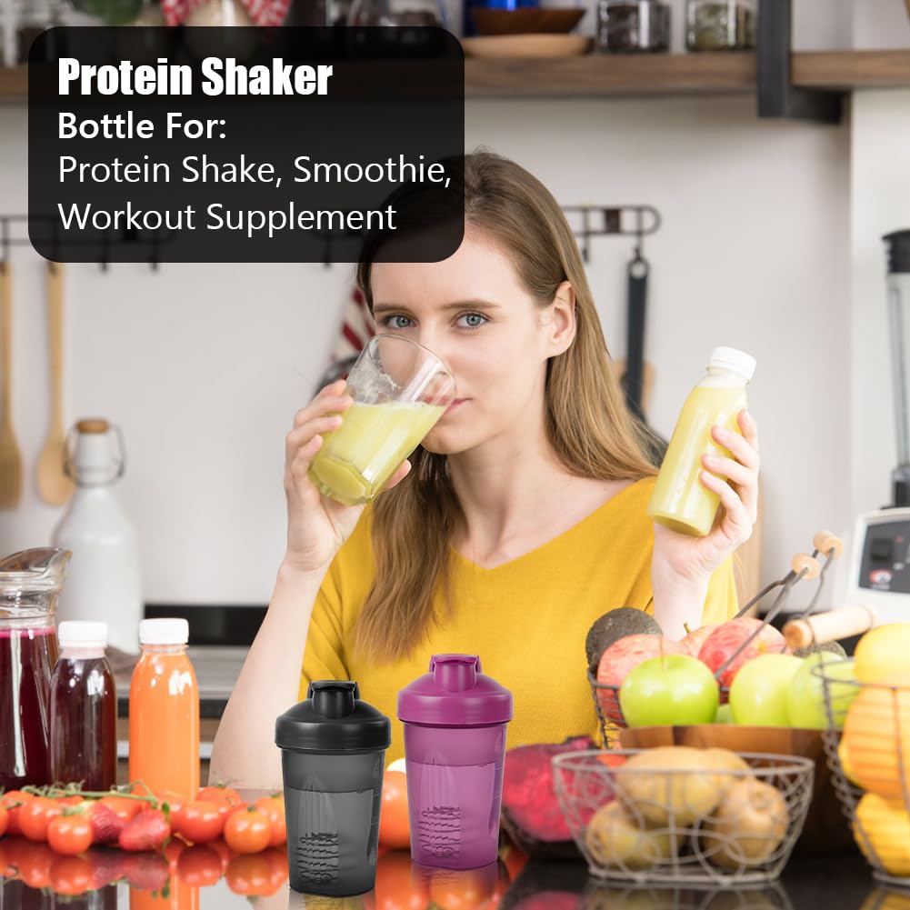 Protein Shaker, 2PCS Shaker Proteico 400 ML, Bottiglia per Shaker con Tappo a Vite e Sfera di Miscelazione, Borraccia Palestra a Prova di Perdite con Maniglia, per Frullati Proteici, Senza BPA