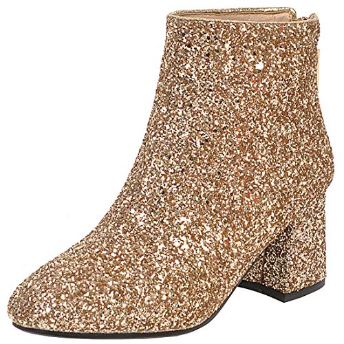 Mavmax Women's Sequin Glitter Ankle Boots Chunky Heels Sparkly Booties Us 7.5, Gold Back Zipper #TOP7