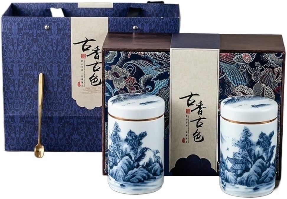SONGCHAO Sugar Jar Bulk Tea Storage Container, Blue and White Porcelain Sealed Can, Empty, Single Can/Double Gift Box Set Tea Canister(B,Double can)