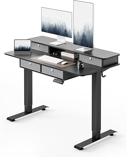FEZIBO Escritorio Eléctrico de Pie Resistente Ajustable en Altura con Cajones, Mesa de 48 x 24 Pulgadas con Estante de Almacenamiento Grande,
