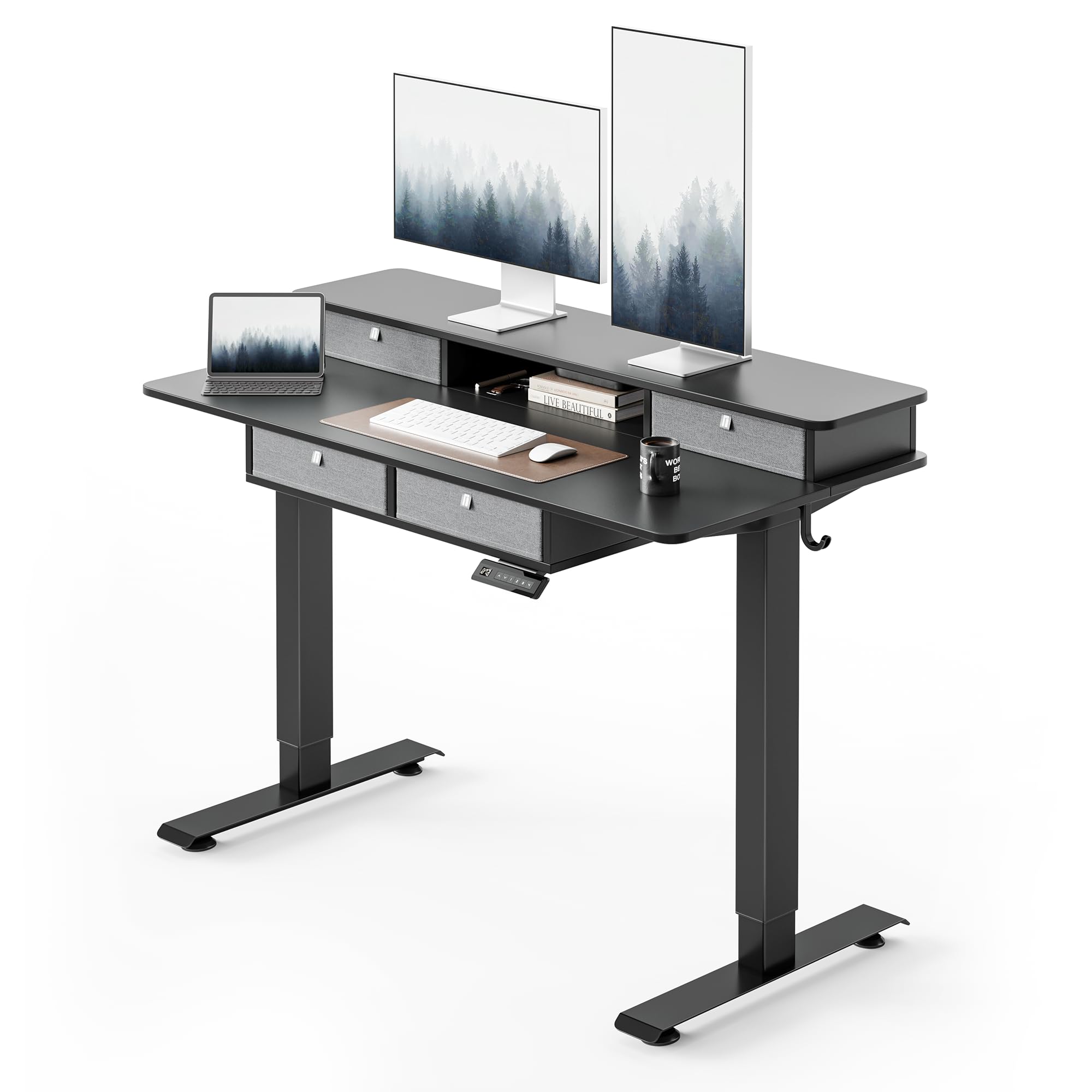 FEZIBO Sturdy Height Adjustable Electric Standing Desk with Drawers, 48 x 24 Inch Stand Up Table with Large Storage Shelf, Sit Stand Desk, Black Top