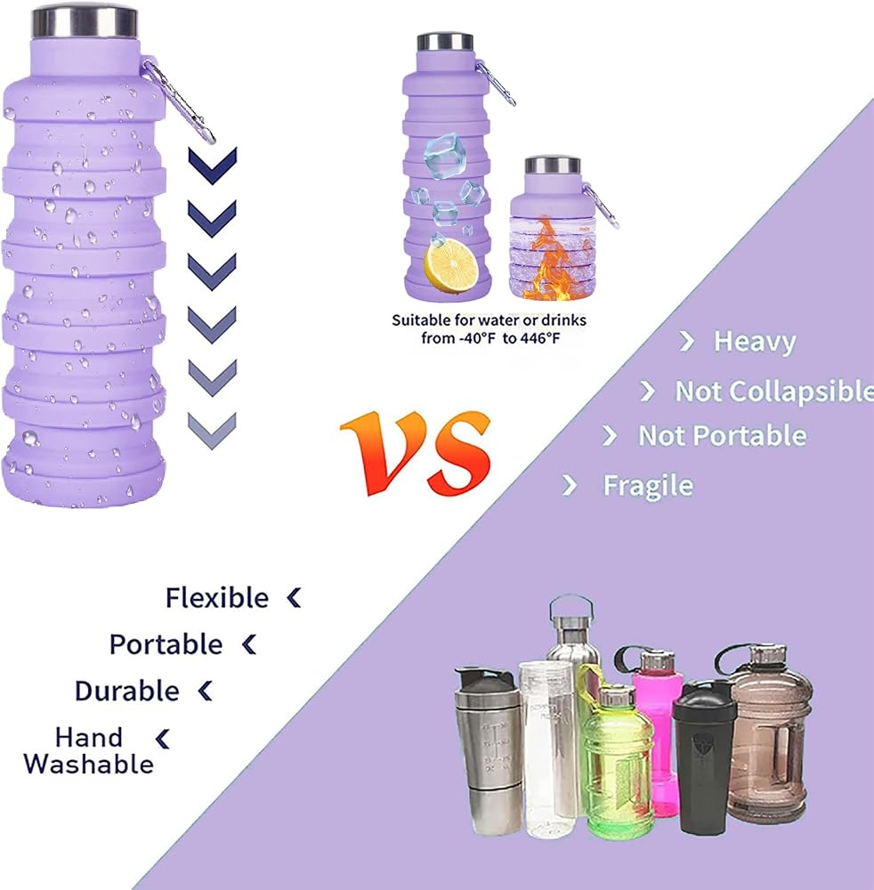 Collapsible Water Bottle,4 Pcs BPA Free Reuseable Silicone Foldable Leakproof 16oz Water Bottles,Portable Lightweight Water Bottles Carabiner for Travel Gym Camping,Hiking Sports