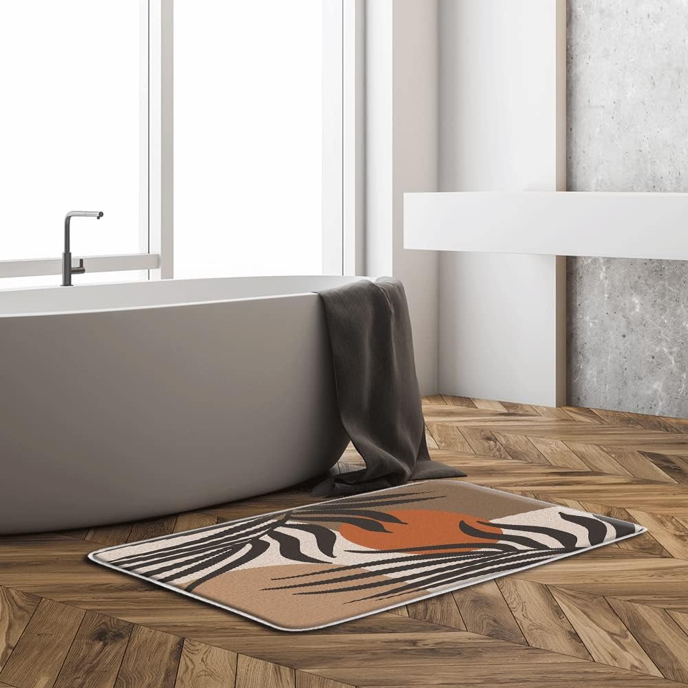 Mid Century Bath Mat Aesthetic Minimalist Contemporary Geometric Modern Abstract Sun Leaves Plant Art Bathroom Decor Microfiber Memory Foam Backing Bath Rugs 18x30 Inch and 16 x 48 Inch