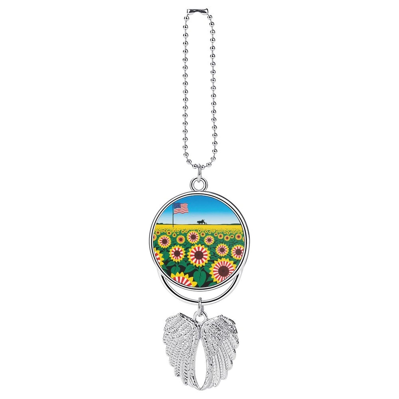 Sunflower US-Flag Stripes Guardian Angel Wing Car Ornament for Mirror, Zinc Alloy Hanging Charm with Spiritual Design for Protection, Rearview Mirror Accessory Decor Gift for Women Men(Silver)