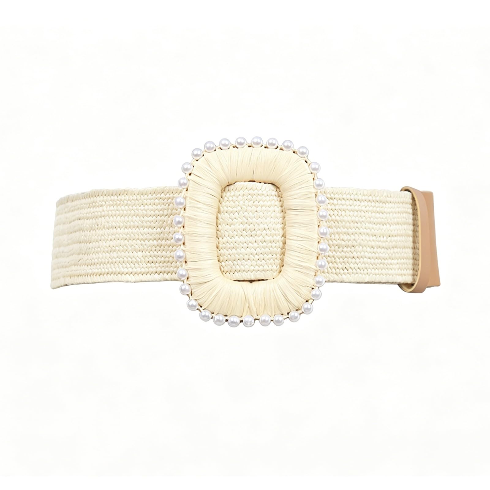 AGUTALITHIC Women Straw Woven Stretch Dress Belt, 4.8cm Wide Boho Braided Raffia Elastic Waist Strap with Pearl Prong Buckle(105cm/41, White-B)
