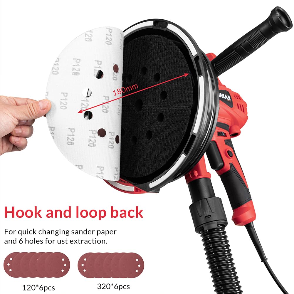 Bakaji Lijadora de pared de techo plegable lijadora jirafa placa de yeso succión automática con luz LED, varilla telescópica y 6 discos abrasivos (manual con bolsa de 1280W)
