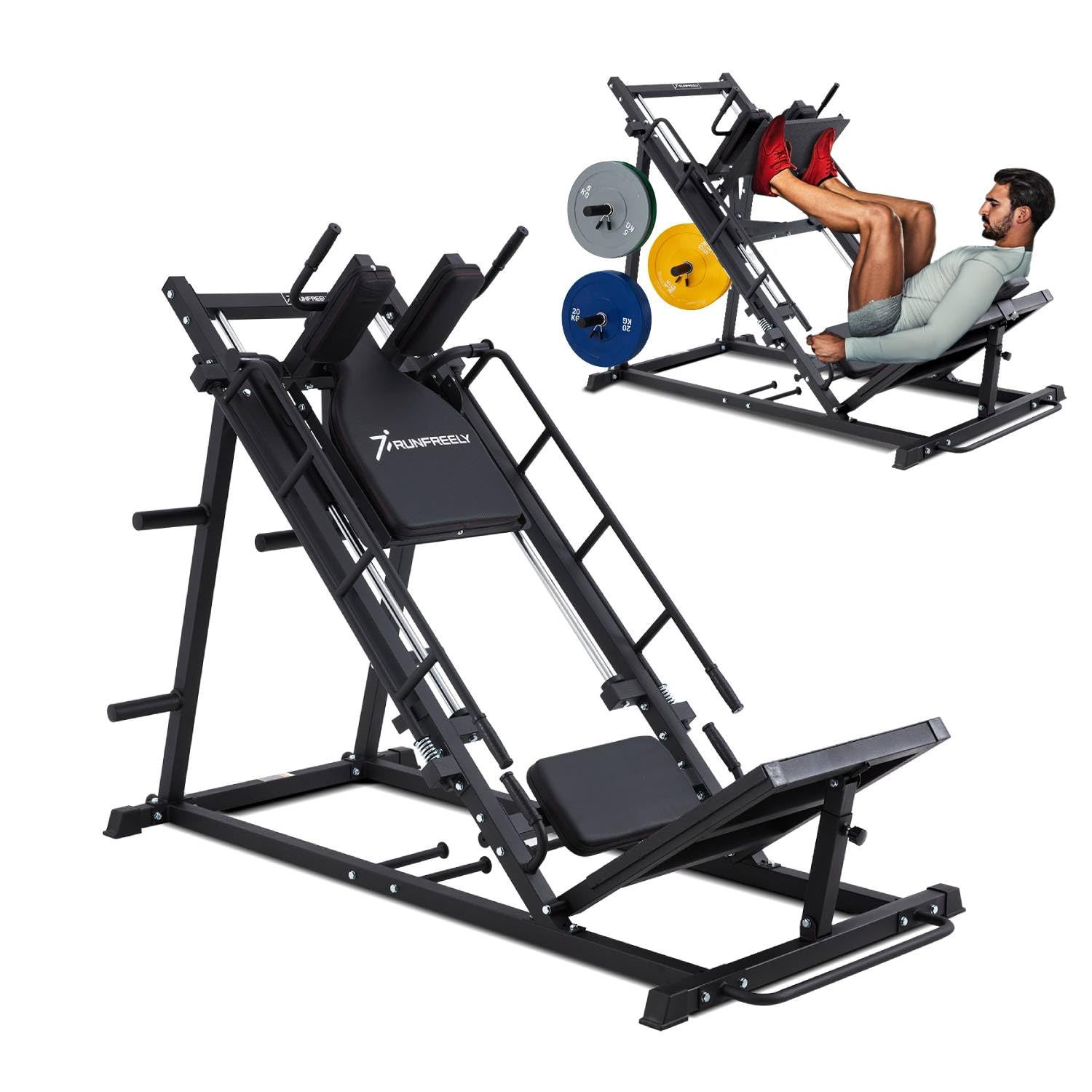 14-guade Steel Leg Press Hack Squat Machine for Home Gym, 4-in-1 Dual Frame Leg Machine Workout Equipment for Men and Women, Targeting Quads, Hams, Glutes, and Calves